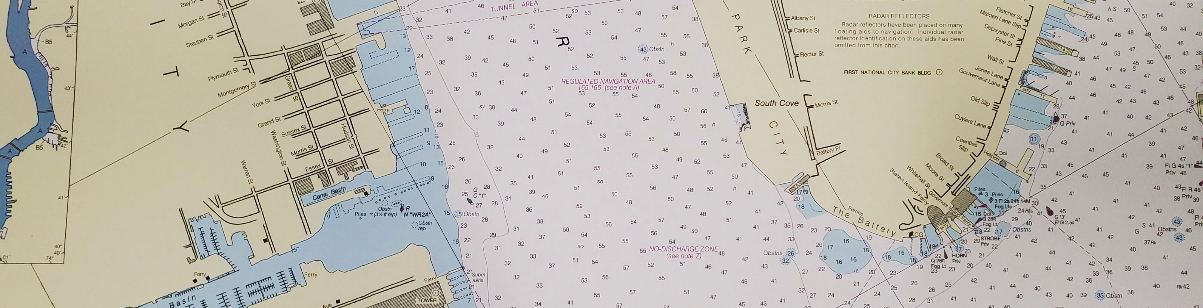 A marine chart of New York Harbor showing Manhattan and the Hudson River used by yachts and boats during navigation.